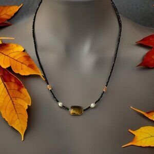Necklace Tigers Eye real Gemstone Black Obsidian event jewelry Gift Accessories